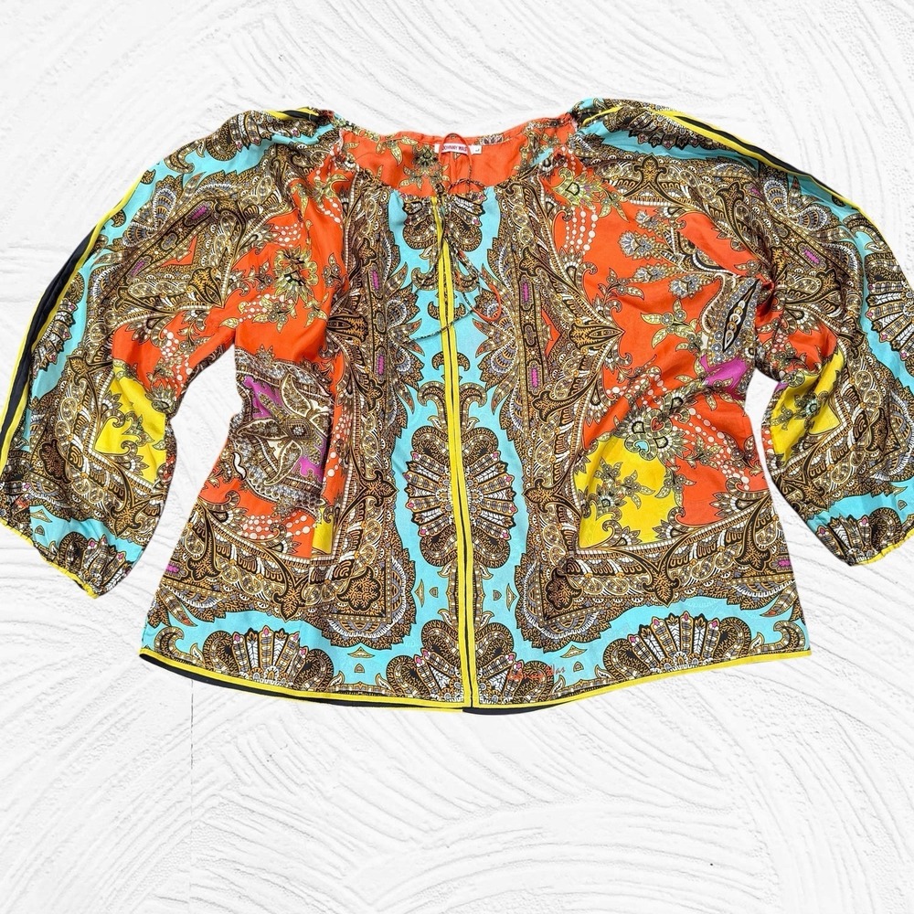 Johnny Was Silk Colorful Large Tunic Paisley Asian Flowy‎ Boho Blouse Abstract